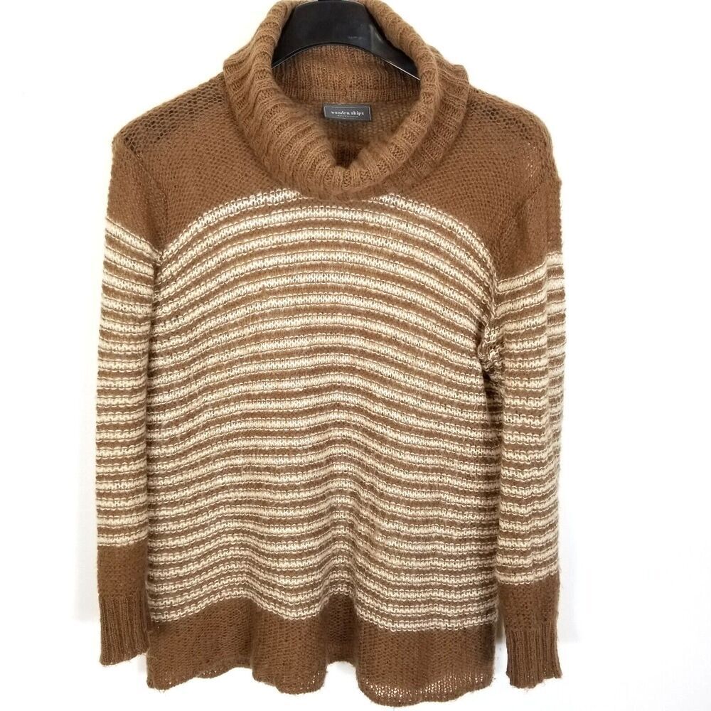 Wooden Ships Women Wool Mochair Pullover Sweater Sz M/L Brown Ivory Turtleneck